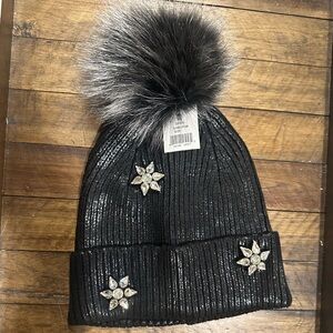 Glamourpuss NYC Embellished Metallic  Knit Fox Fur Pom-Pom Beanie Hat